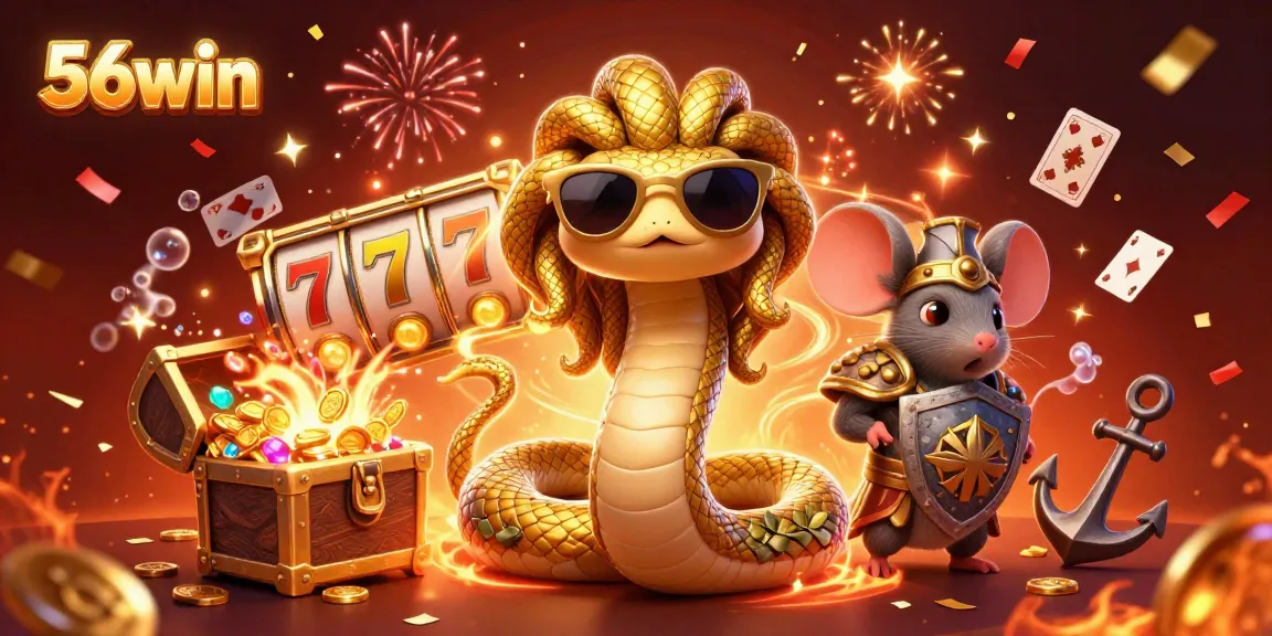 Win big with 56win's exciting slots featuring Medusa and a warrior mouse in a vibrant casino scene.