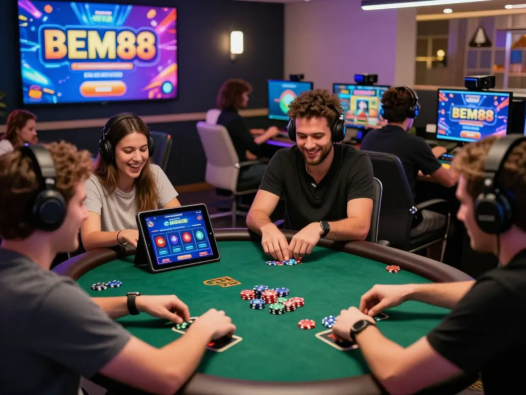 Diverse players enjoying the excitement of gaming at BEM88 with vibrant screens and promotions.