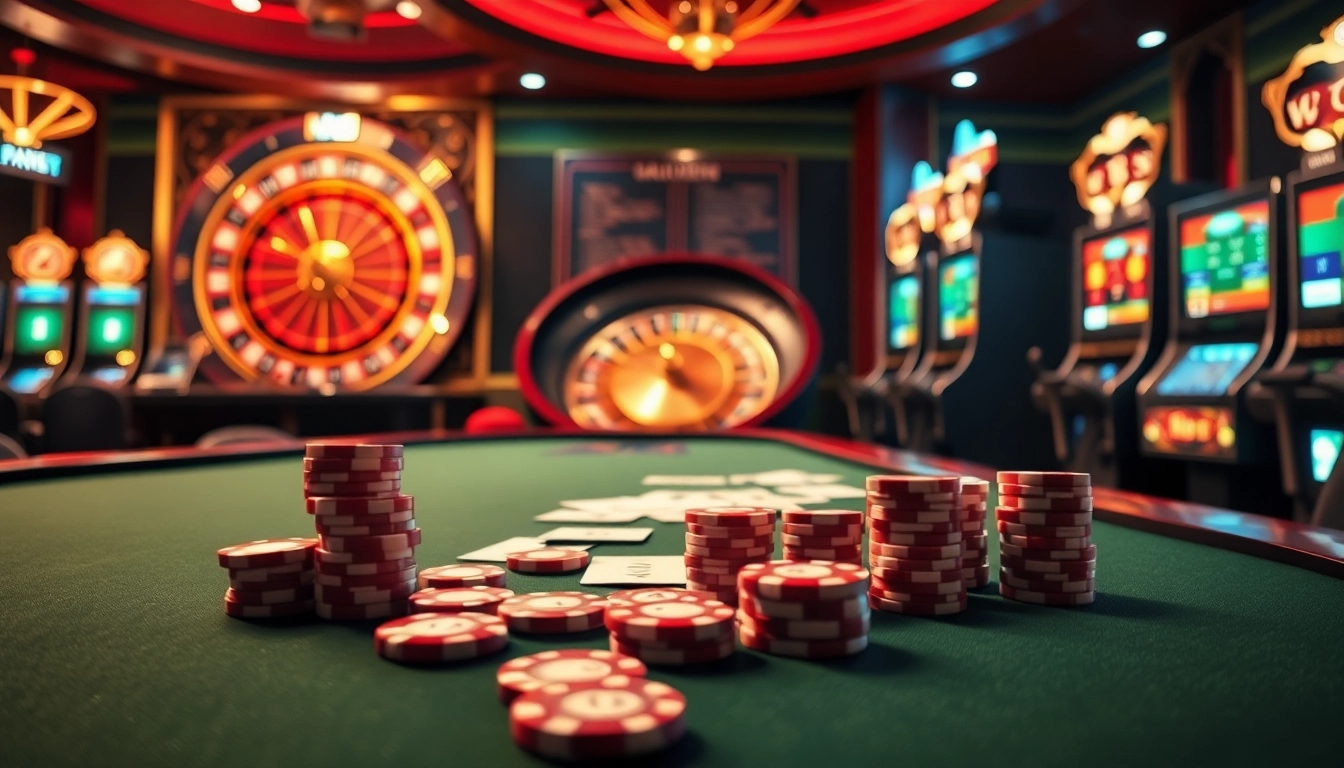 Engage with nk88 through an exciting casino scene with poker chips and a roulette wheel.