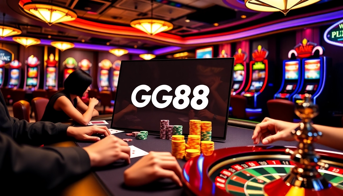 Experience GG88 with dynamic casino action, showcasing poker chips and online gaming excitement.