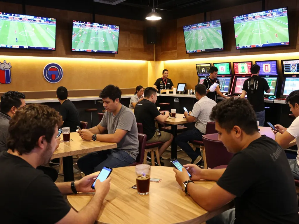 Engaging sports betting scene showcasing แทงบอล strategies with patrons reviewing live odds.