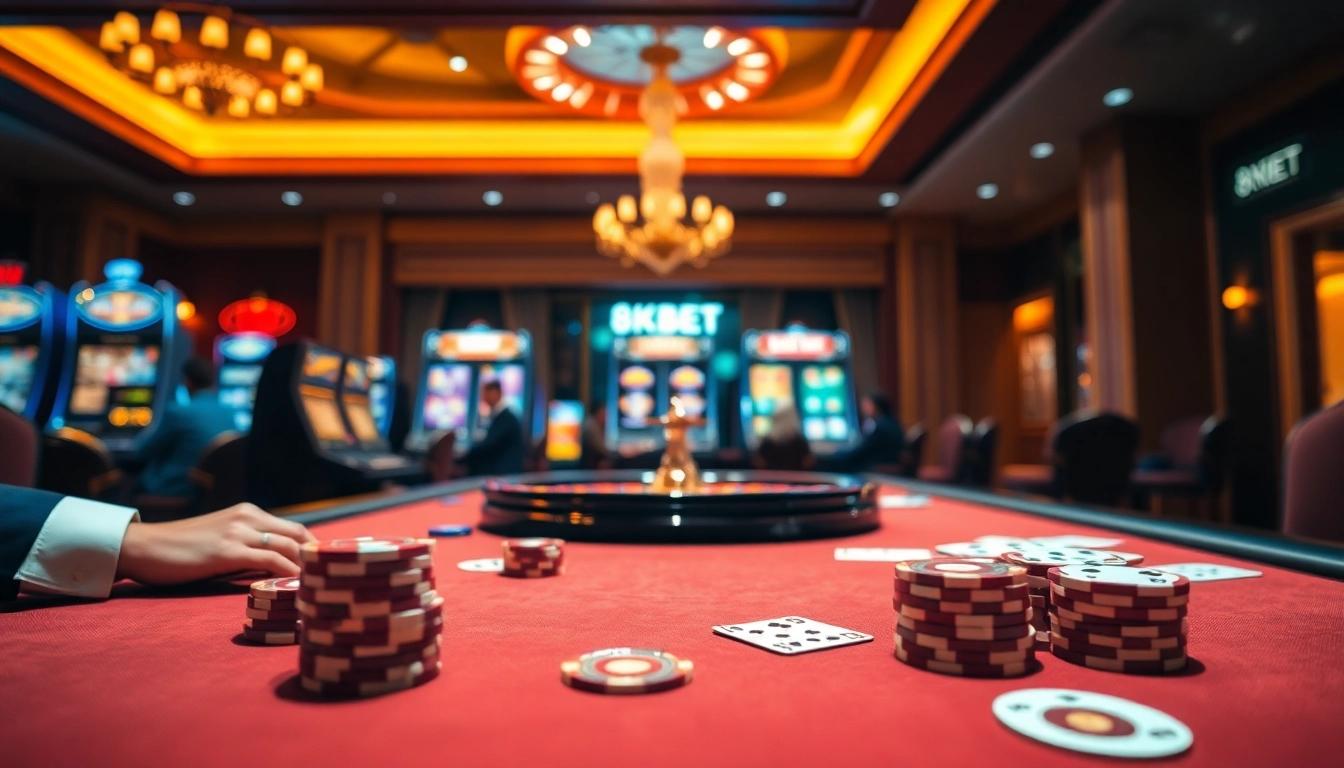 Players betting joyfully at a luxurious casino table featuring 8KBET gaming elements.
