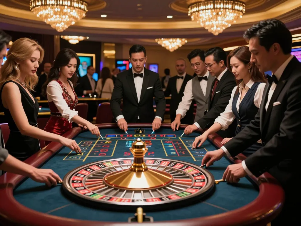 Players excitedly placing bets at ko66 roulette table, showcasing an energetic casino atmosphere.