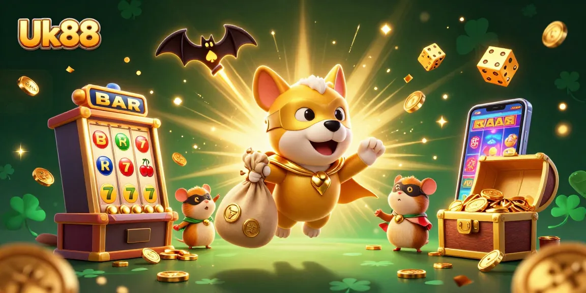 Win big with Uk88's magical gaming scene featuring a superhero dog and casino elements.