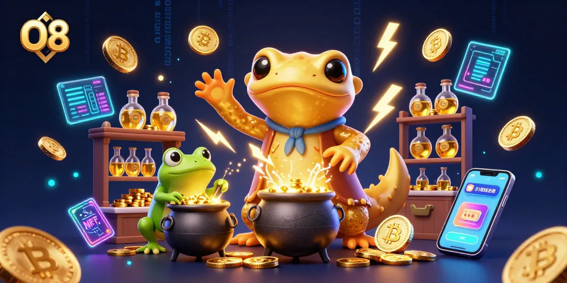 O8 crafts thrilling gaming experiences while showcasing vibrant neon cryptocurrency elements.