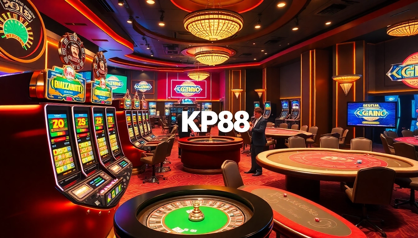 Exciting KP88 casino scene with vibrant tables, dealers, and luxury elements.