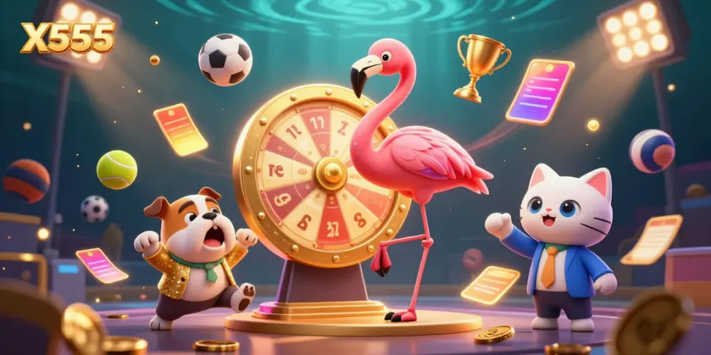 Experience the excitement of X555 with vibrant characters, sports balls, and dynamic prizes in a lively casino scene.