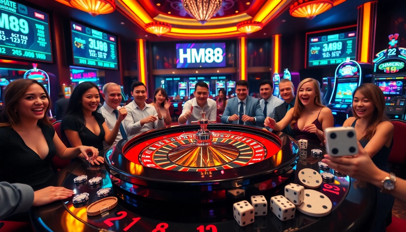 Exciting gambling scene with players engaged in HM88 table games and vibrant casino elements.