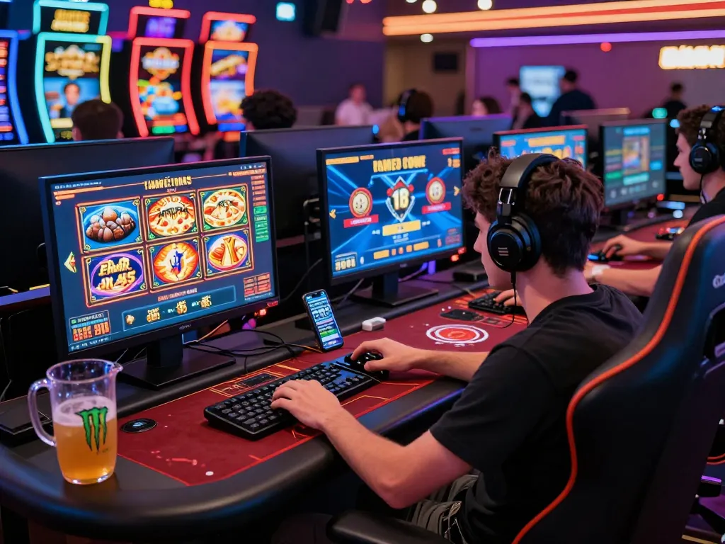 Engaged player enjoying Jun 88's vibrant online gaming experience with live casino screens and colorful ambiance.