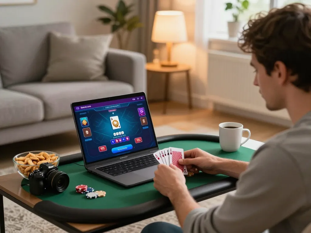 Player enjoying iwin poker game on a laptop at home, capturing strategic gameplay atmosphere.