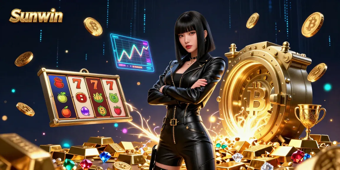Sunwin casino showcasing vibrant slot elements and a captivating gaming atmosphere with rich gold accents.