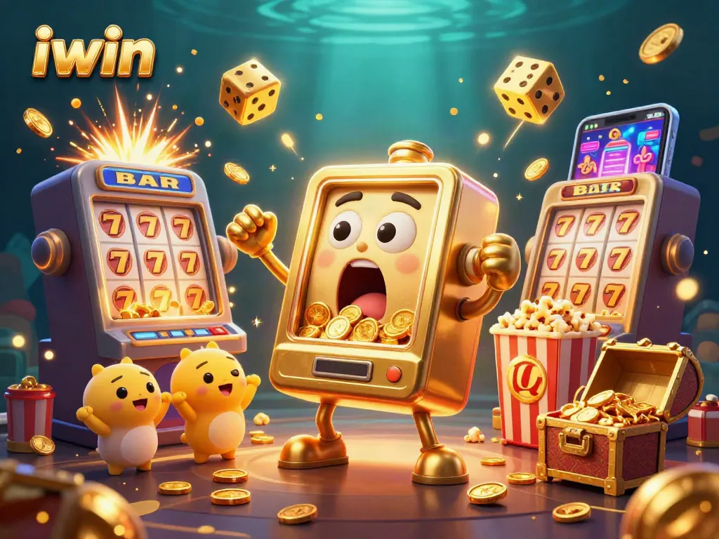 iwin slot machine hitting jackpot with cheering slotlings and popcorn machine in vibrant casino atmosphere.