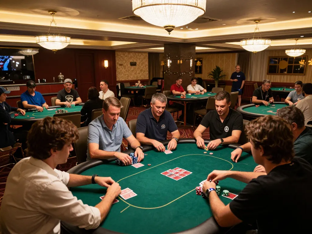 Gbong poker night scene showcasing players engaged in intense gameplay at upscale casino tables.