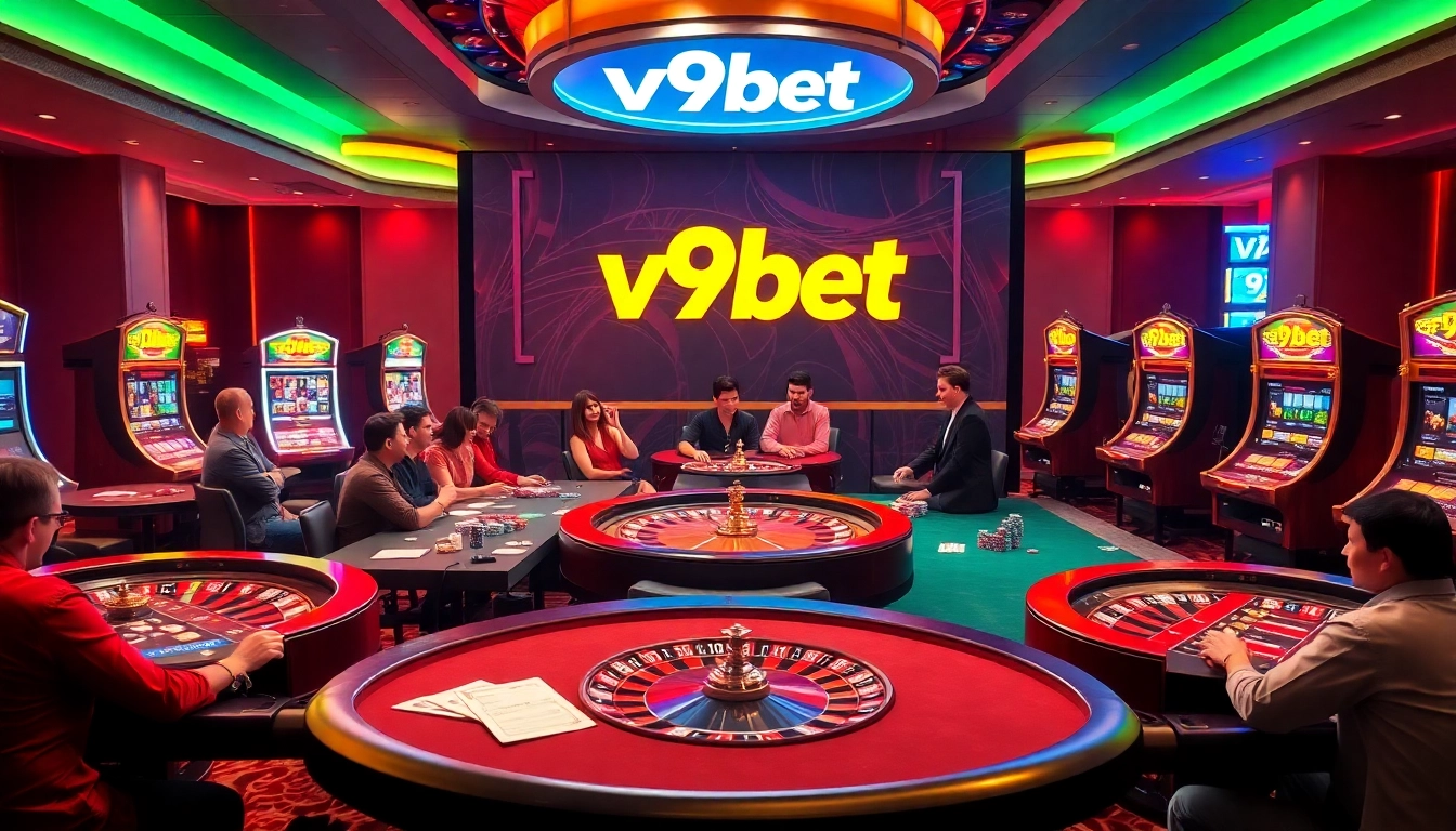V9bet players enjoying poker and roulette games in a vibrant casino setting.