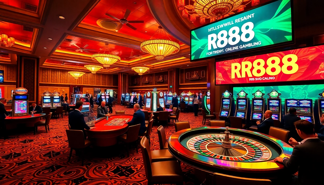 Players enjoying gambling at https://rr88.pizza/ casino with vibrant tables and slot machines
