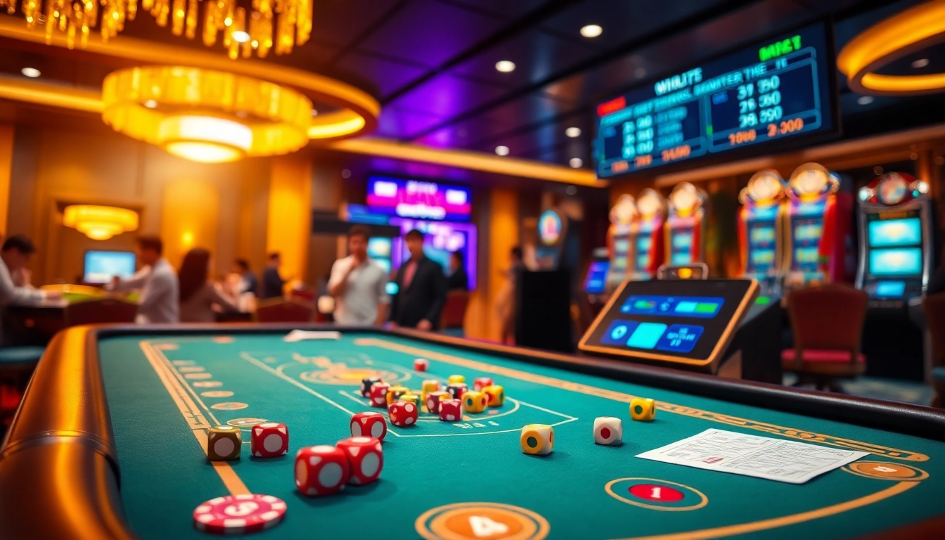Players actively engaging in Tài xỉu MD5 at a vibrant casino table, showcasing dice and betting slips.
