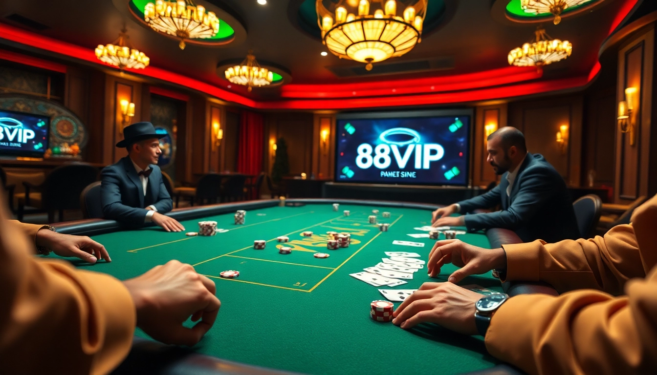 Engaged players enjoying thrilling games at 68VIP casino table, showcasing poker chips and cards.