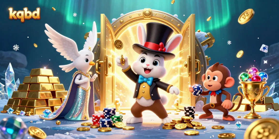 Experience thrilling kqbd action with a 3D magician rabbit revealing golden treasures amidst vibrant casino imagery.