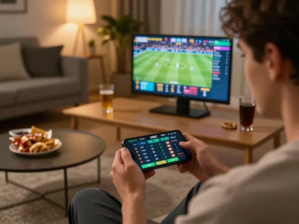 Player engaged in sports betting using smartphone on nhà cái jun88, showcasing live odds.