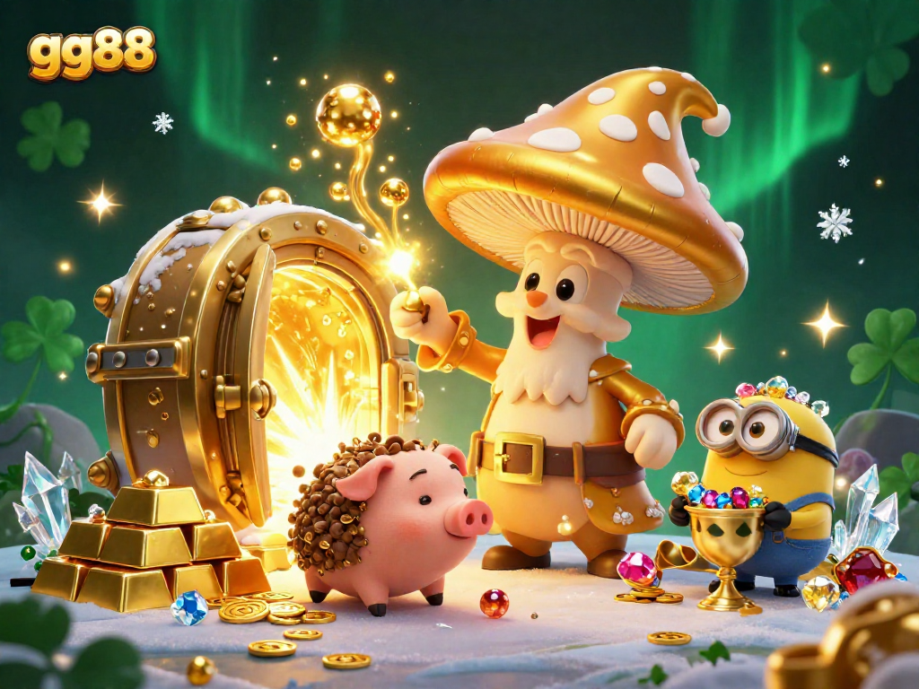 Engage in winning opportunities at gg88 with a vibrant, treasure-filled 3D illustration showcasing magical elements and rich casino themes.