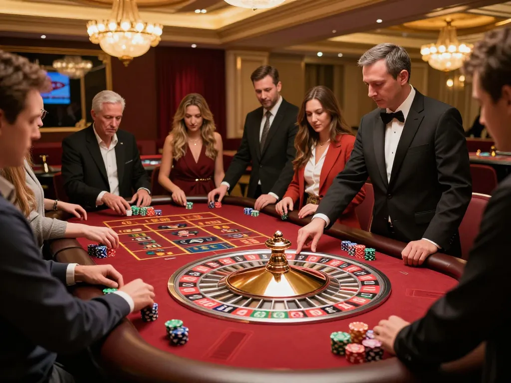Onbet players engaging at an exciting roulette table in a vibrant casino atmosphere.