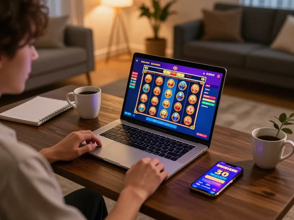 Player enjoying an online slot game on hay88x platform with cozy desk setup.
