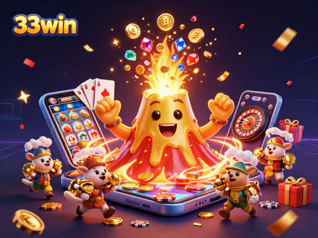 Spin to win with 33win as fortune flows from a cartoon volcano and reels gleam.