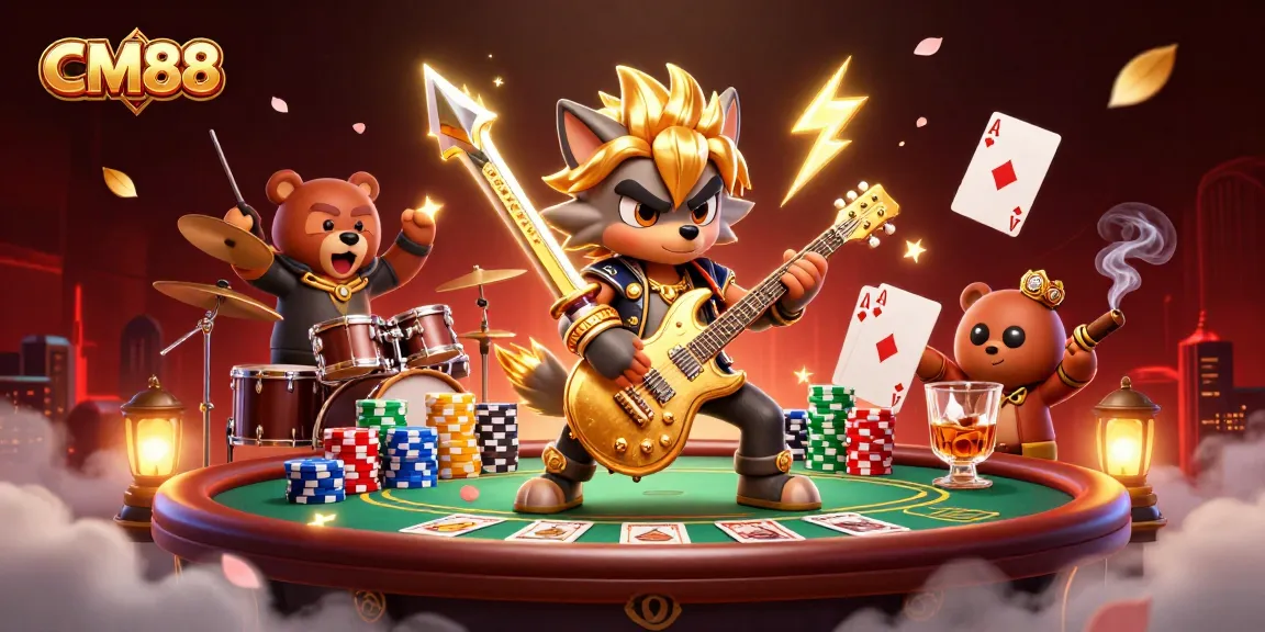 Experience the vibrant excitement of CM88 casino with a cartoon wolf on stage playing guitar amid dynamic gaming elements.