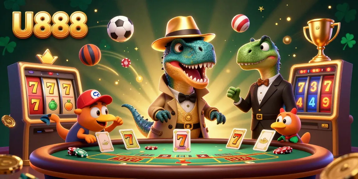Experience the excitement of U888 as cartoon dinosaurs engage in casino antics at a vivid blackjack table.