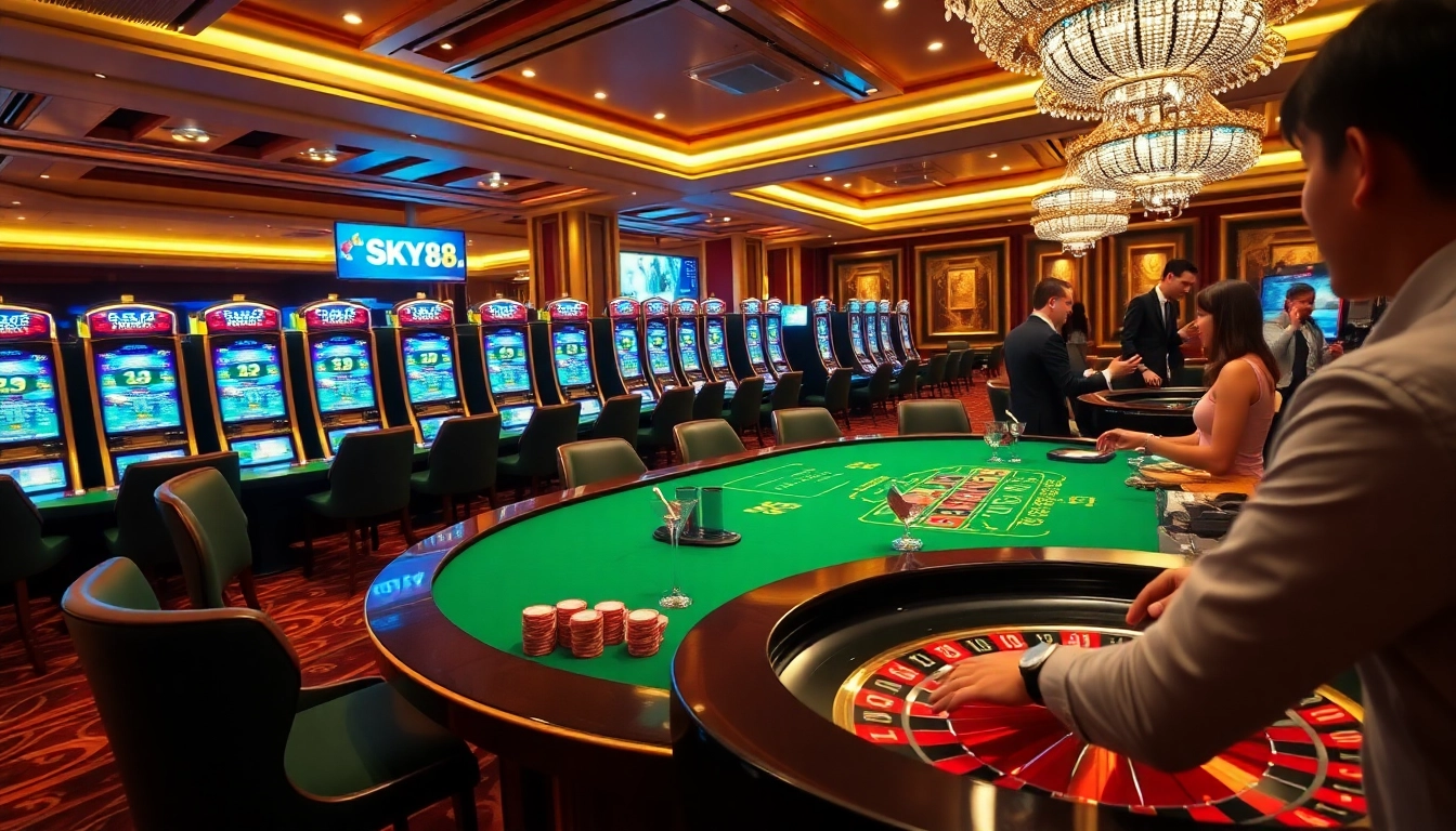 Exciting scene at SKY88 casino with players engaging at tables and vibrant slot machines.