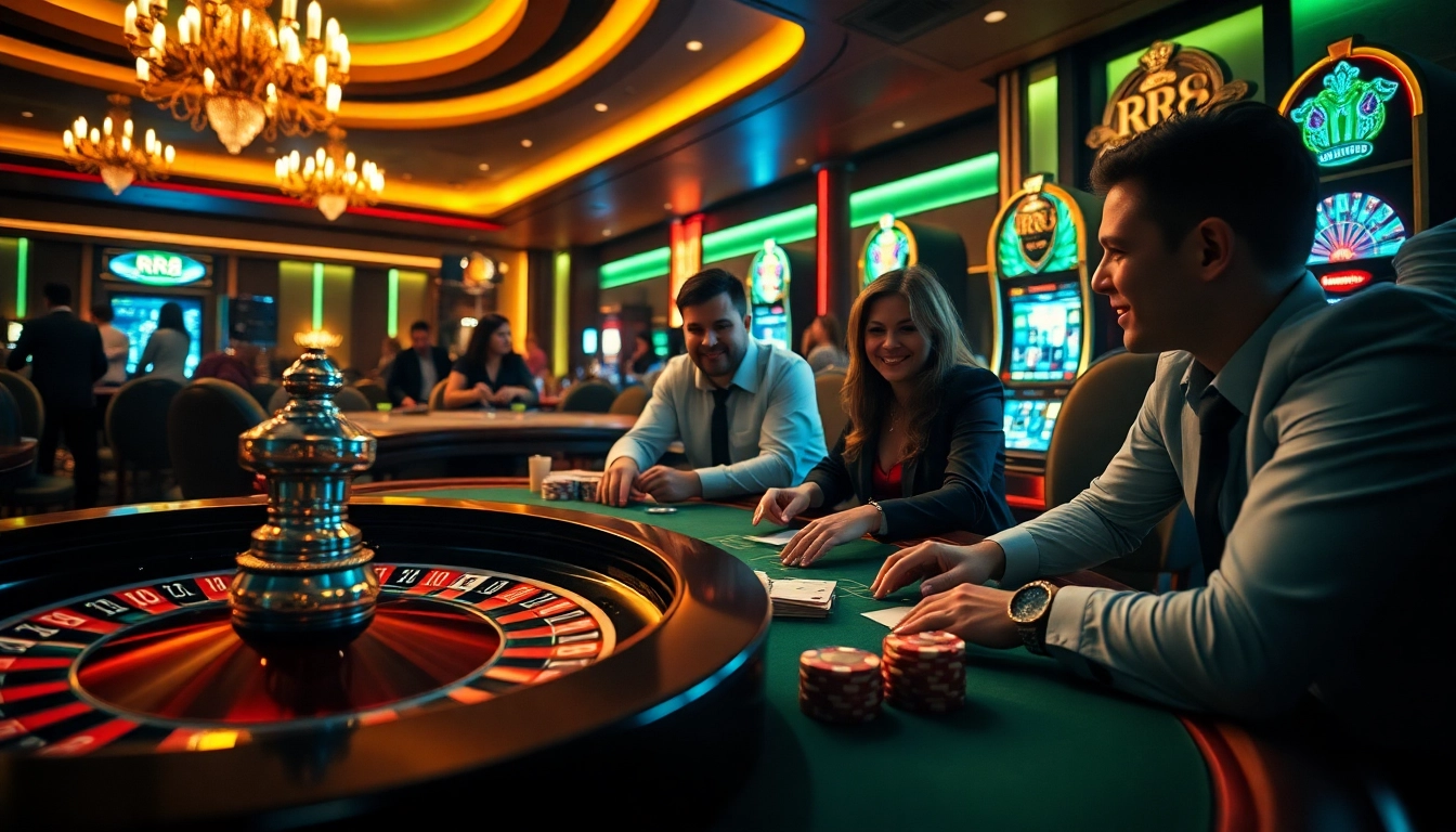 RR88 vibrant casino scene with players at poker and roulette tables.