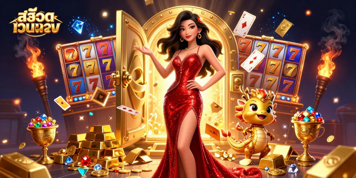 Experience the thrill of สล็อตเว็บตรง with this vibrant 3D illustration showcasing dynamic slots, jewels, and golden treasures.