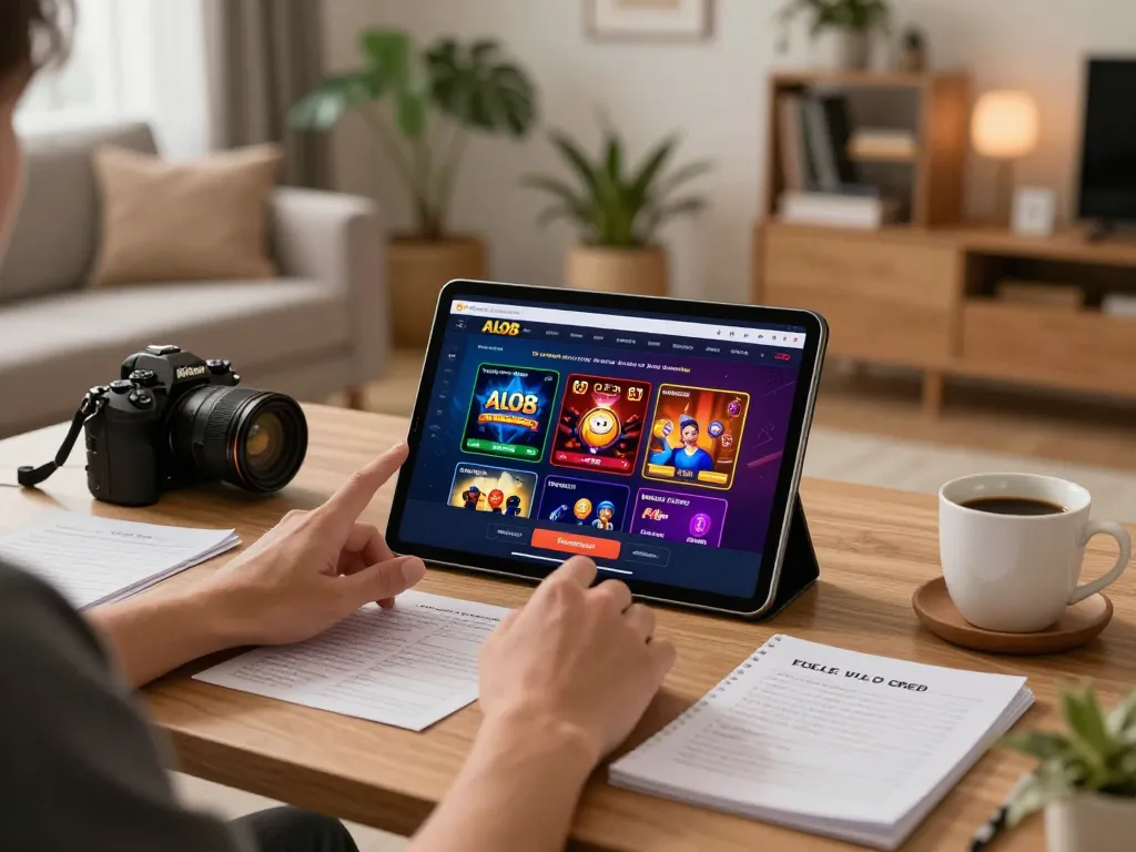 Person engaging with ALO8 online casino platform on a tablet at home, surrounded by gaming notes.
