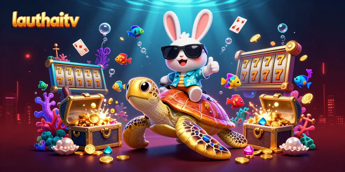 Experience gambling excitement with lauthaitv's colorful scene of a rabbit on a sea turtle amidst treasure.