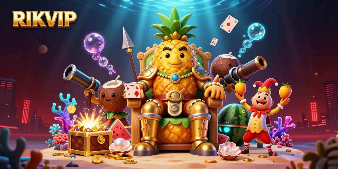 Experience the vibrant energy of RIKVIP's casino with a golden pineapple king and tropical elements.