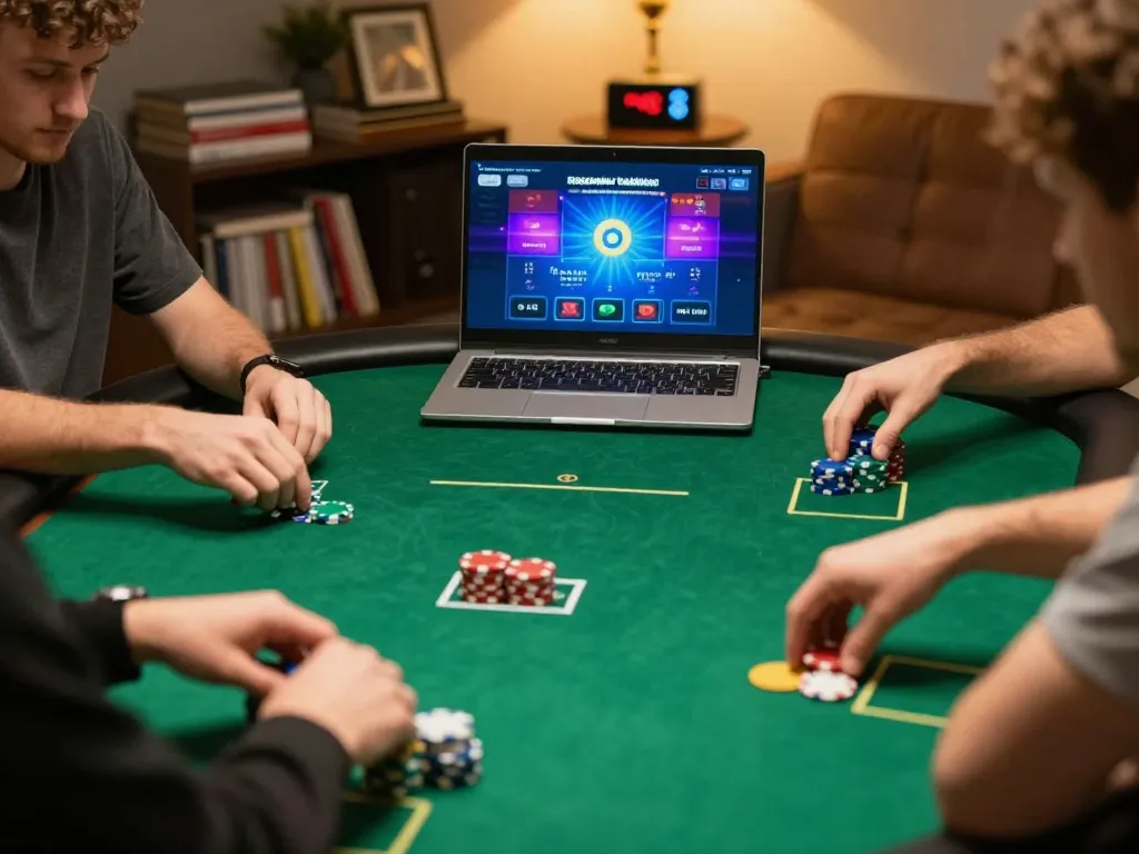 Players leveraging nk88 poker strategies with vibrant chips and an engaging atmosphere