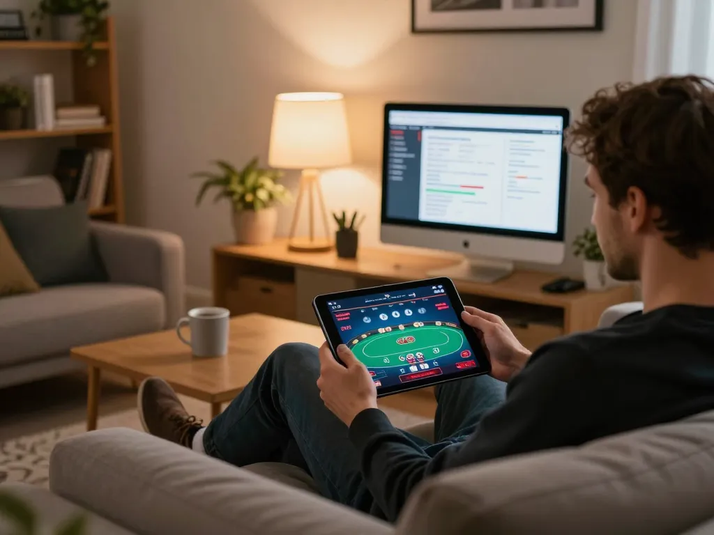 Enjoying a dynamic online poker game at home, showcasing the xx88 gaming experience with a stylish environment