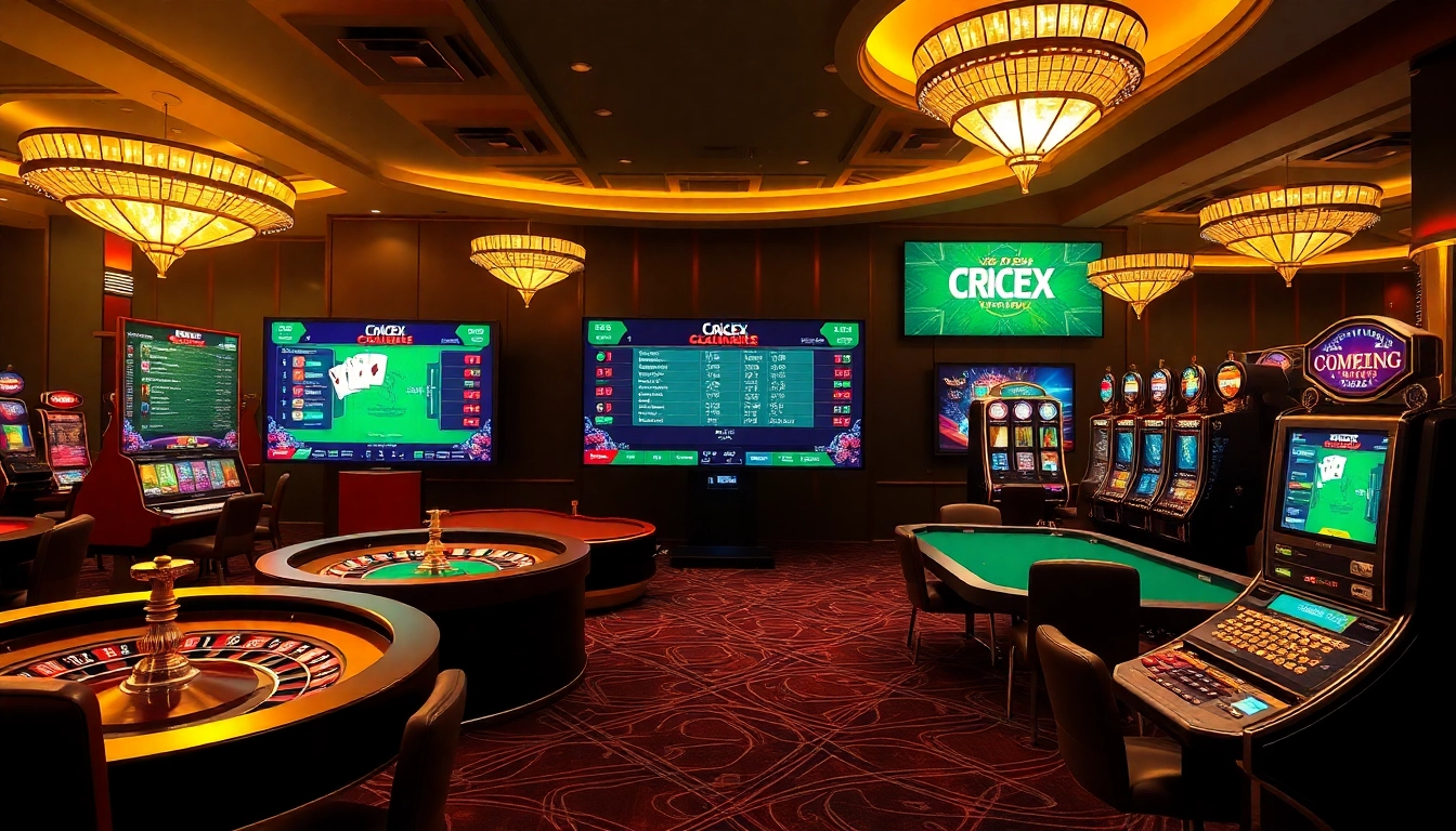 Crickex online betting interface displayed within an elegant casino setting, featuring live cricket scores.