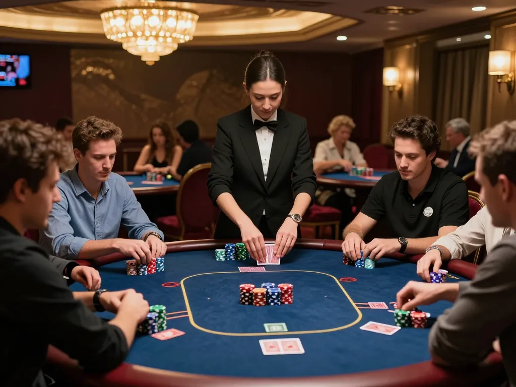 A thrilling poker game at a premium casino showcasing MB66 players engaged in strategy with colorful chips.