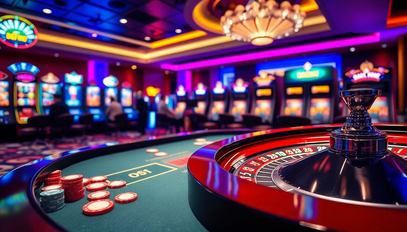Experience high-stakes gameplay at Okfun's luxurious casino with vibrant roulette tables and poker chips.