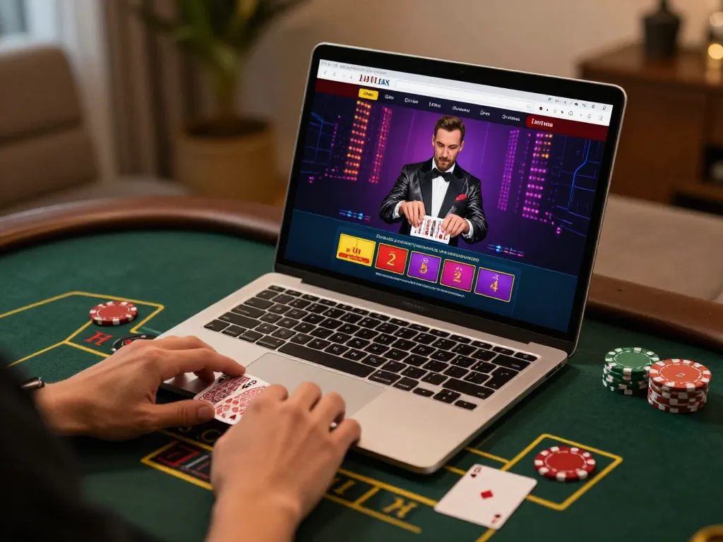 Player engaging in live dealer blackjack at O8 online casino, cozy home office atmosphere