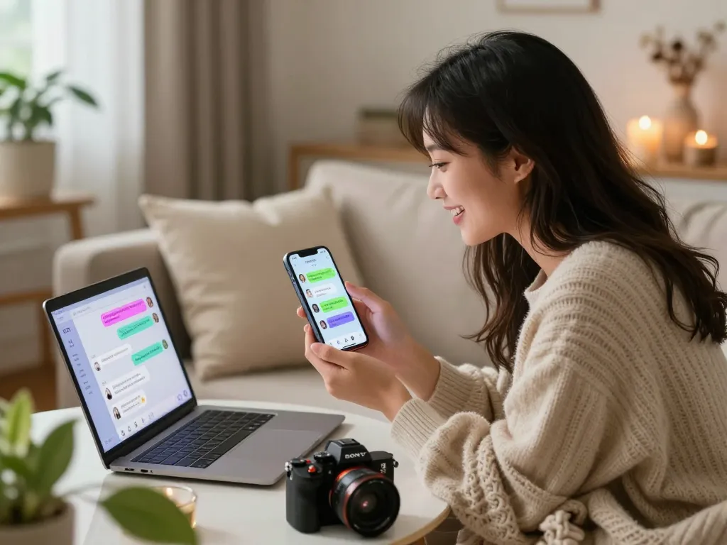 Engaging in AI sex chat on smartphone in cozy living room.