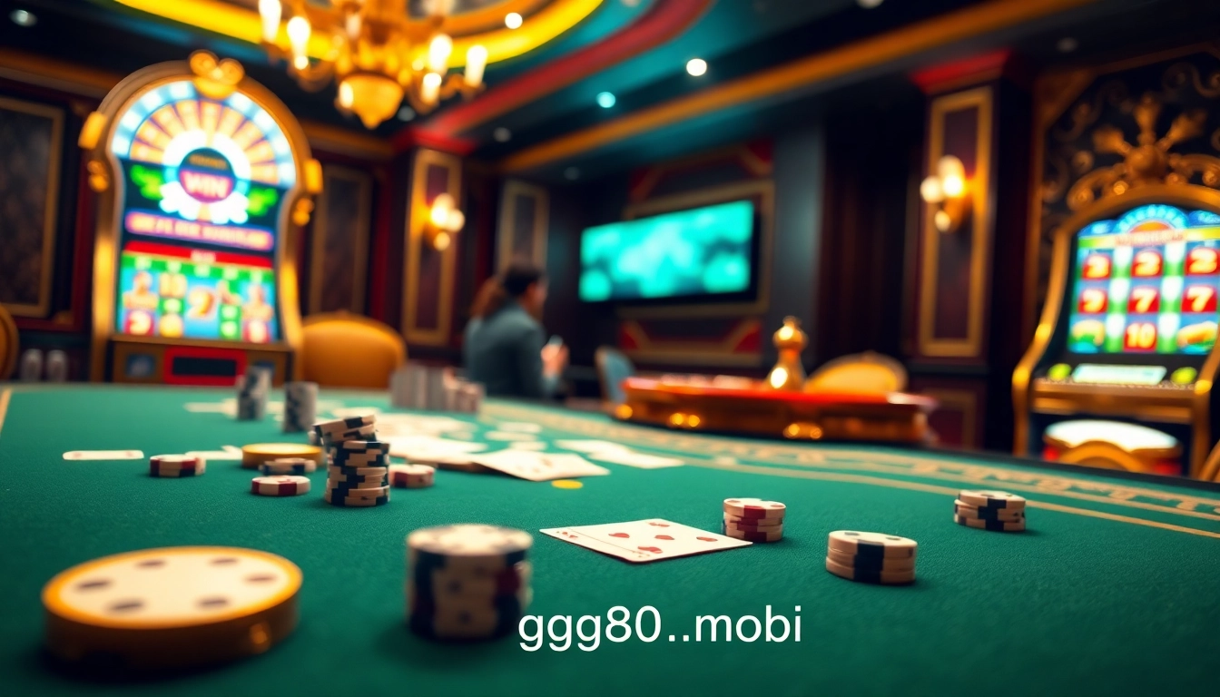 Action at the gaming table featuring https://gg88.mobi/ with poker chips and glowing slot machines.