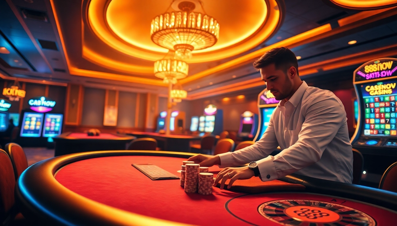 Experience the thrill of betting at 888now's luxurious casino with poker chips and roulette.