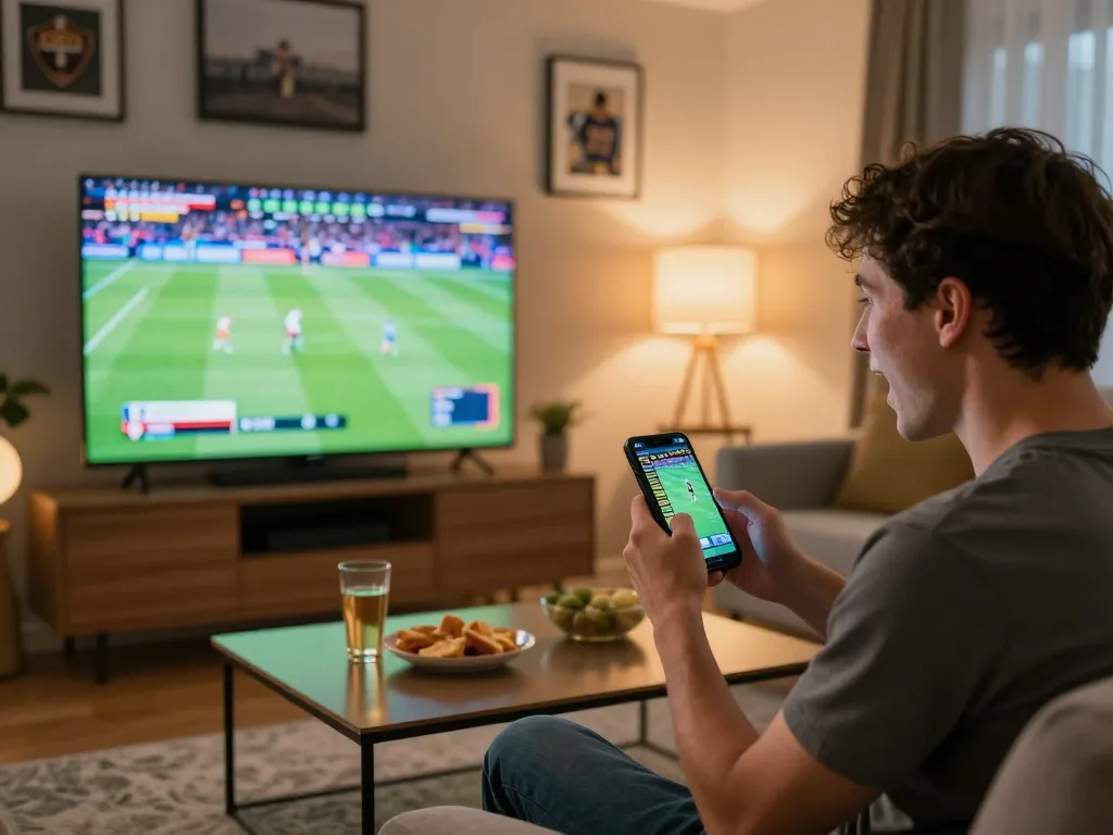F168 player engaging in sports betting with excitement on smartphone during live game