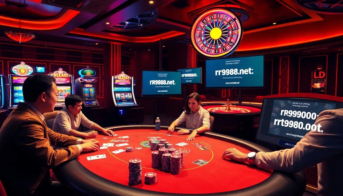 Engaging poker game at a luxurious casino table highlighting https://rr9988.net/ with colorful chips and excited players.