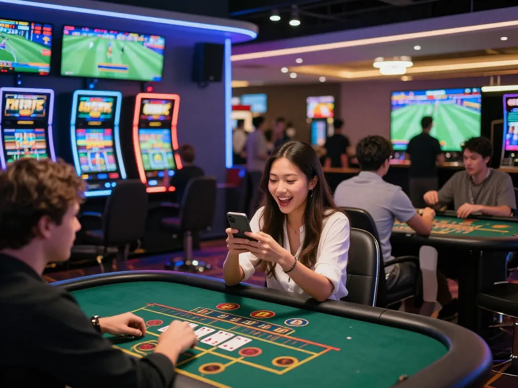 Diverse players engaging in online gambling at TG88 platform, enjoying betting activities while surrounded by vibrant casino backdrop.