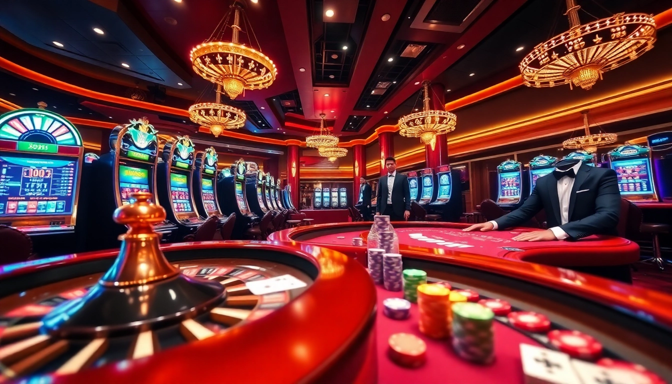Experience excitement with 88vn at a luxurious casino scene featuring poker tables and slot machines.
