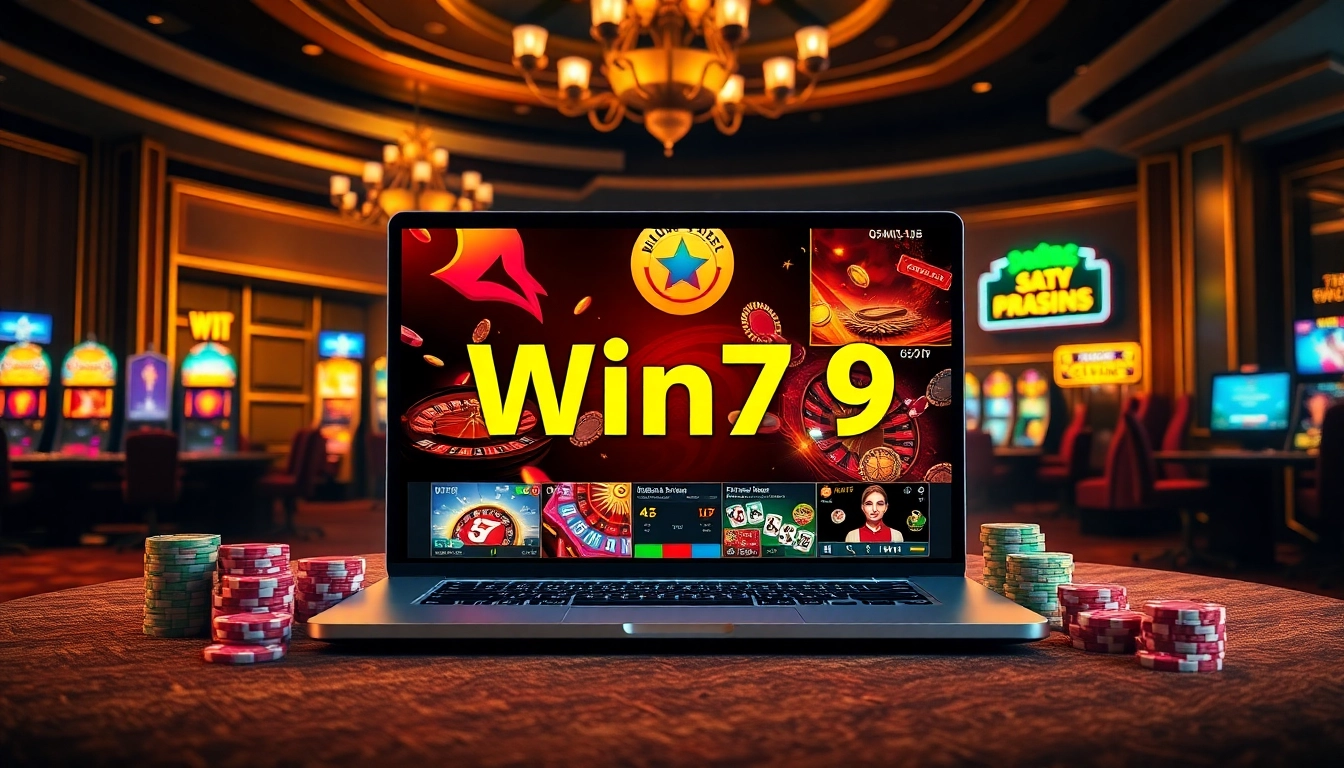 Win79 Casino scene showcasing vibrant slot machines and poker tables with colorful chips.
