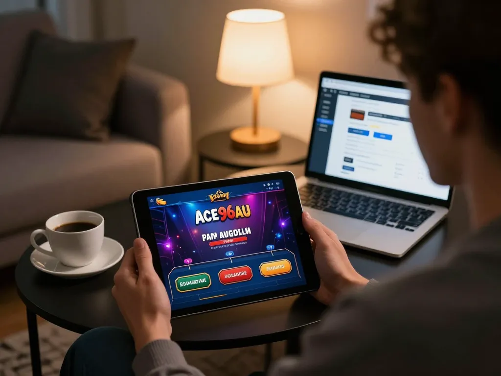Player enjoying gaming on Ace96au app in a cozy living room, blending relaxation with strategic enjoyment.